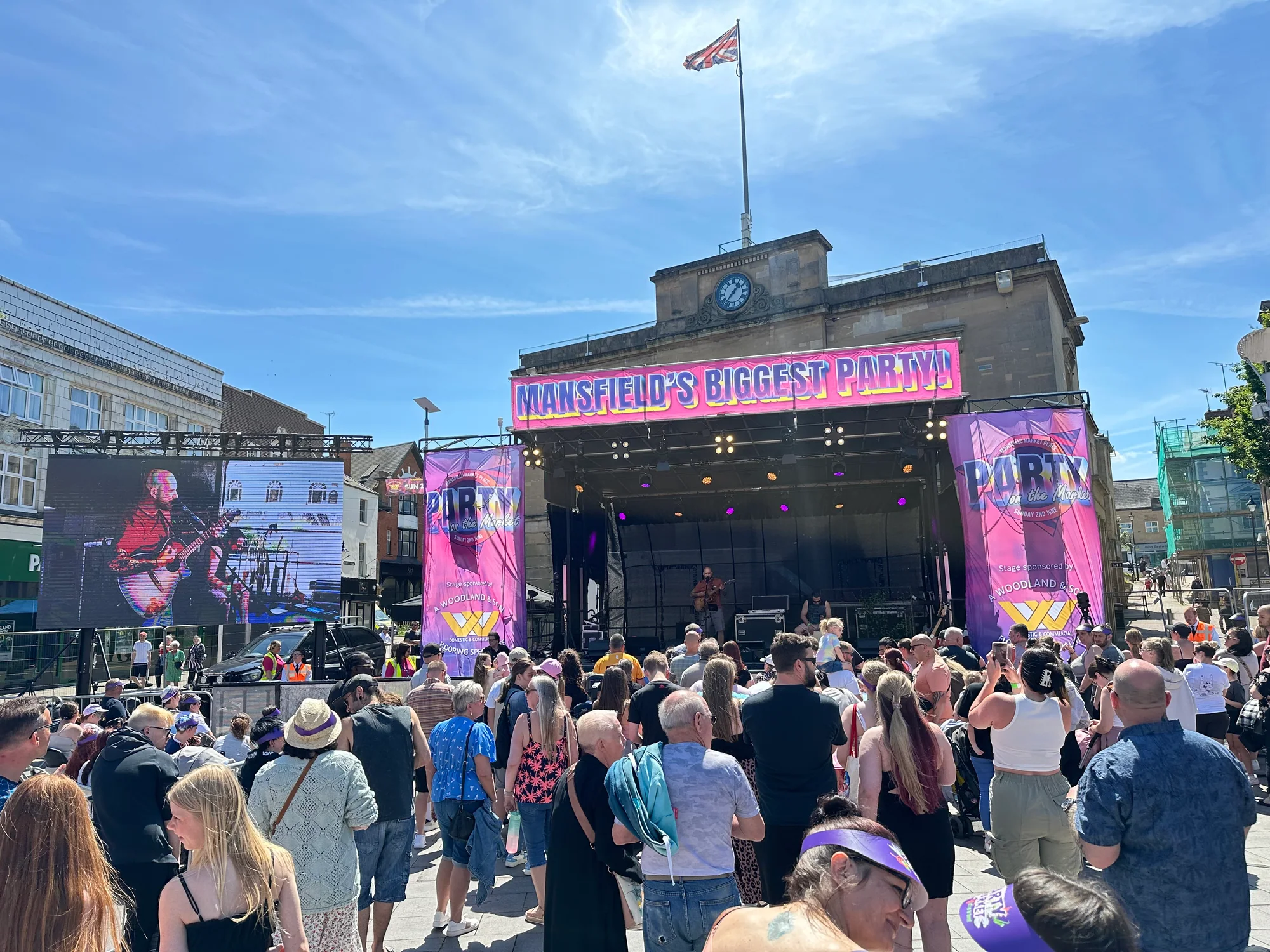 Branded 8m x 6m stage, PA wings and video screen during Party on the Market in Mansfield