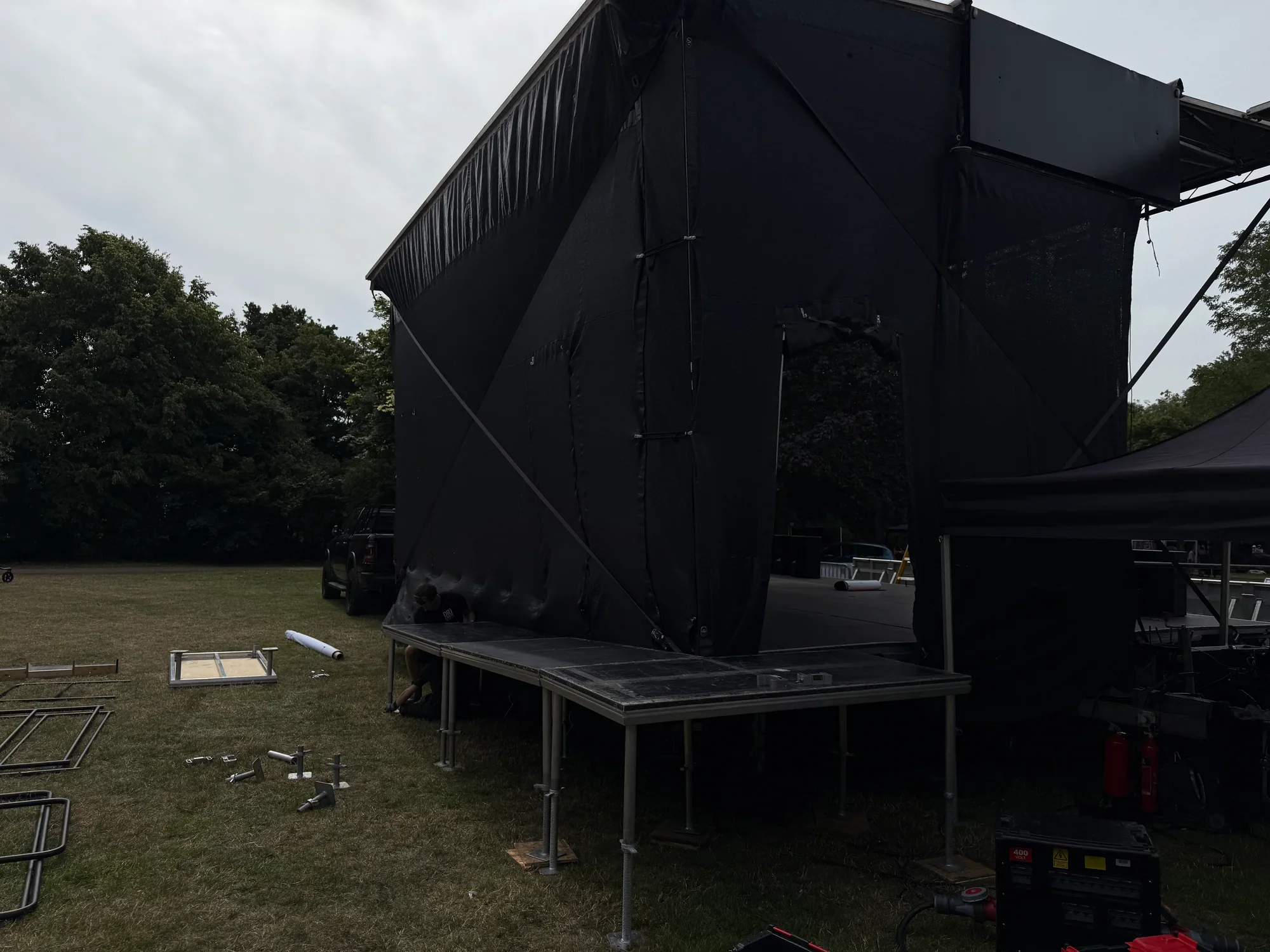 Rear access ramp aligned with the trailer stage deck at Rushcliffe Proms in the Park
