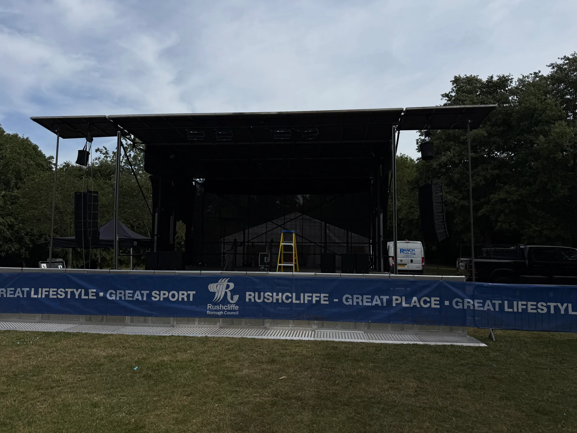 Completed 8m x 6m trailer stage with covered PA wings for Rushcliffe Proms in the Park at Bridgford Park