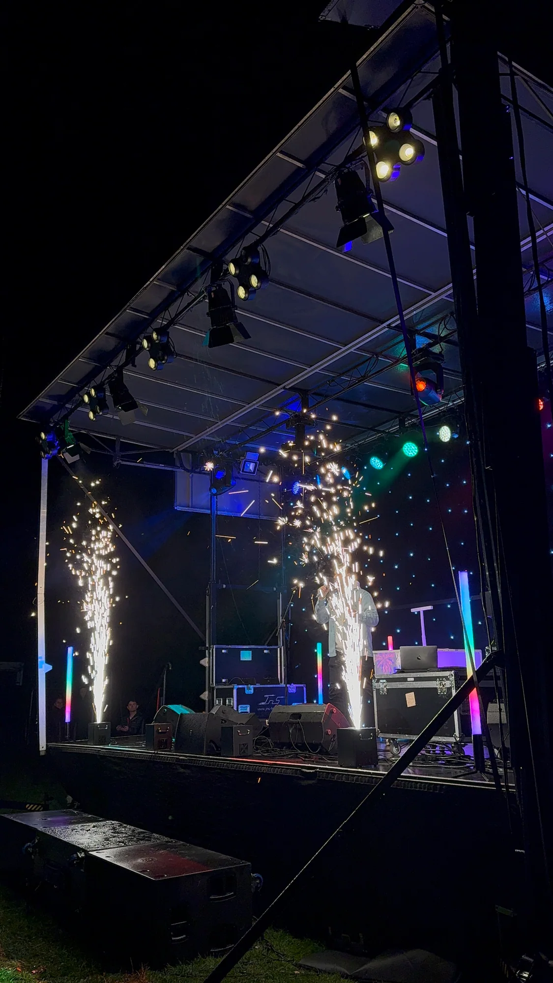 Live performer and cold-spark effects on the compact Sparks in the Park stage