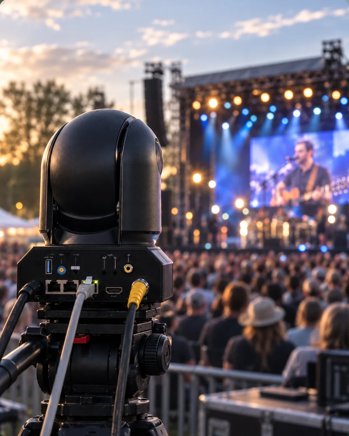 PTZ camera relaying a performer to a large event screen
