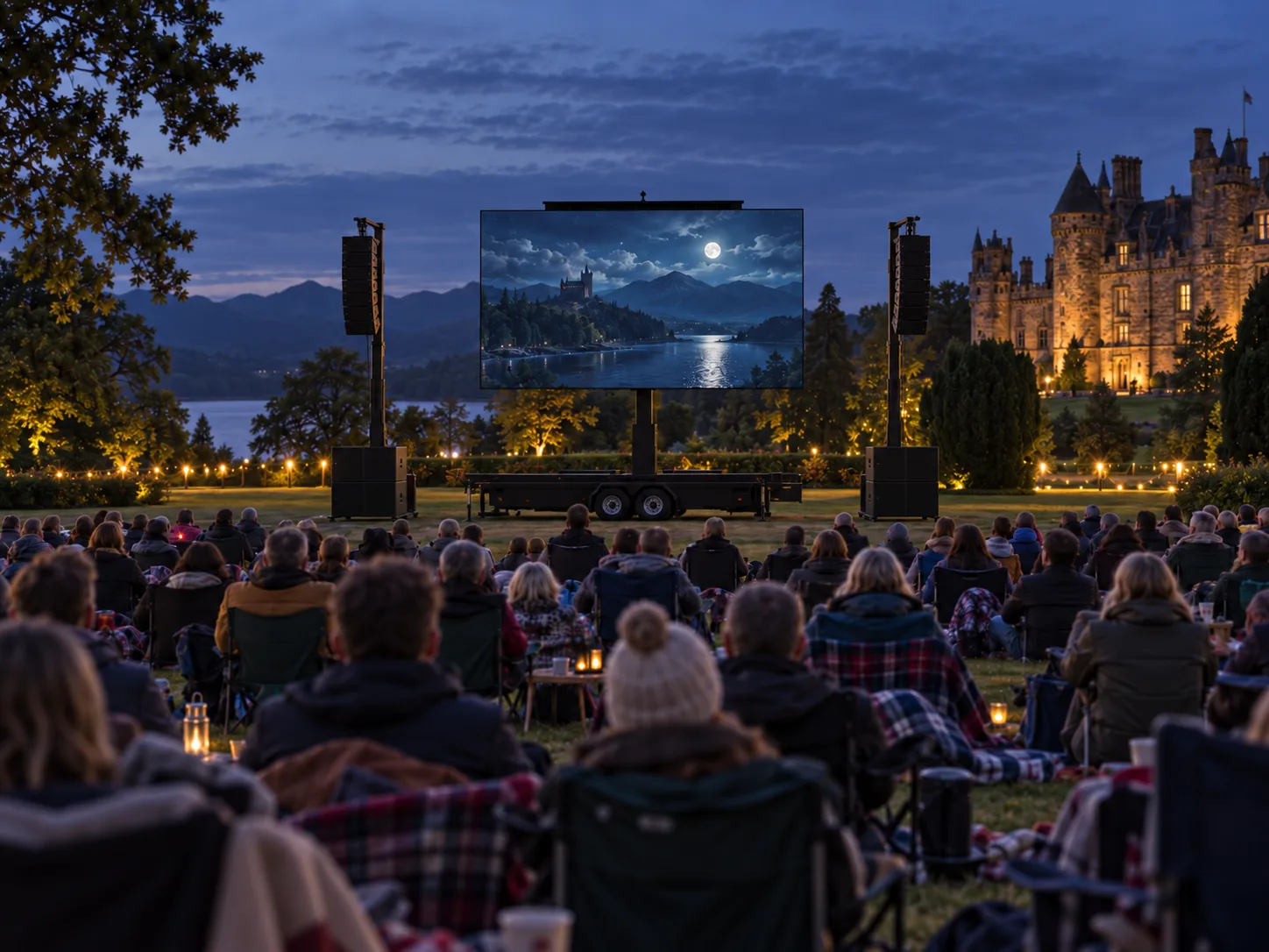 Illustration of families watching an outdoor LED cinema screening