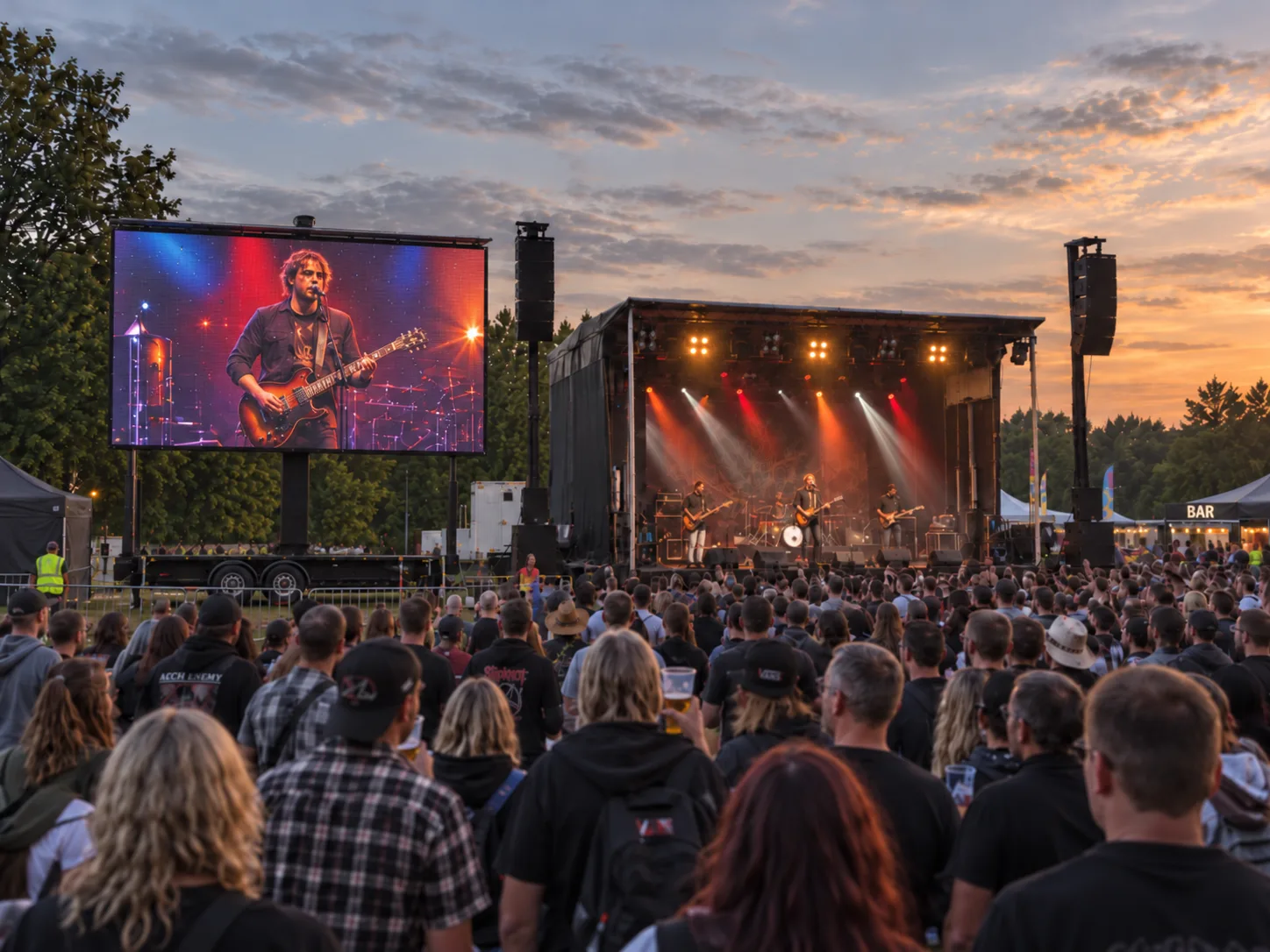 Illustration of an LED trailer screen beside a live festival stage
